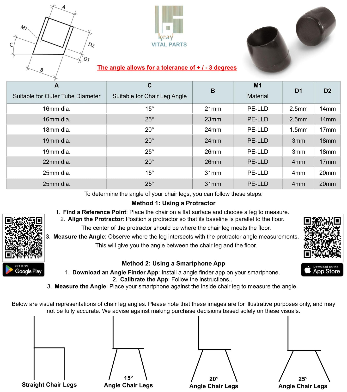 Angled Chair Leg End Caps | Keay Vital Parts