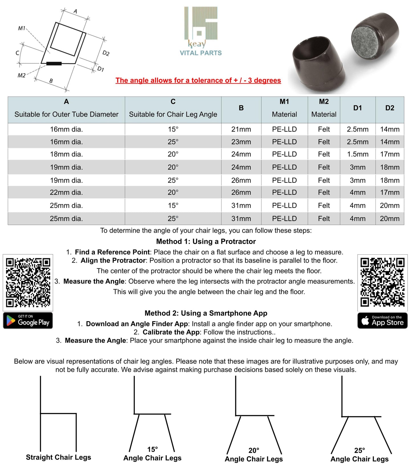 Ferrule End Caps with Felt Base for Angled Chair Feet | Keay Vital Parts