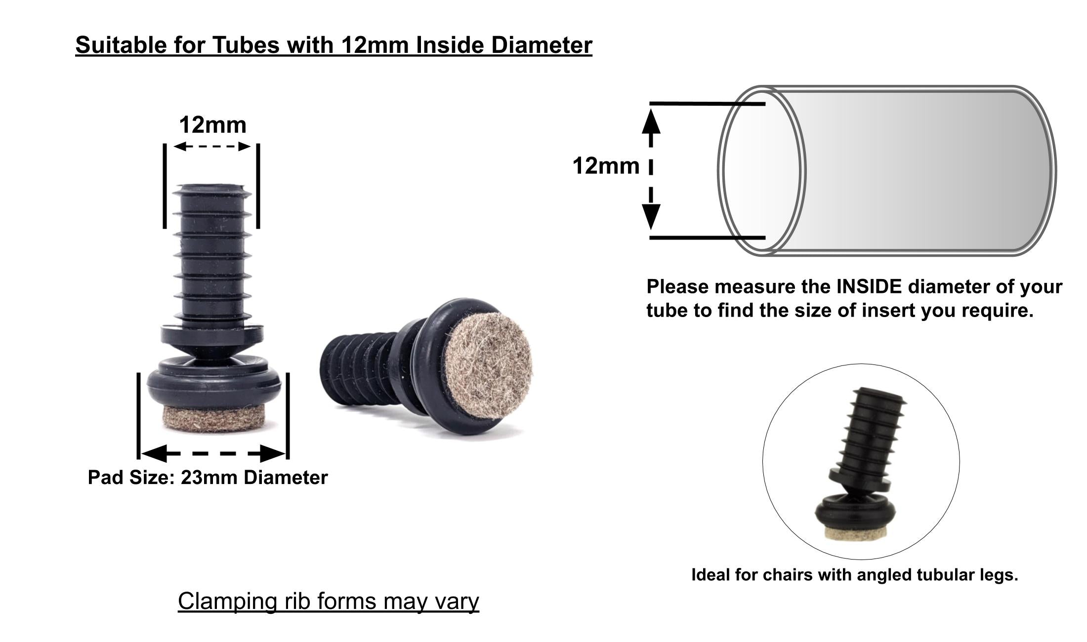 Tube Inserts with Felt Base for Angled Chair Legs with 12mm Inside